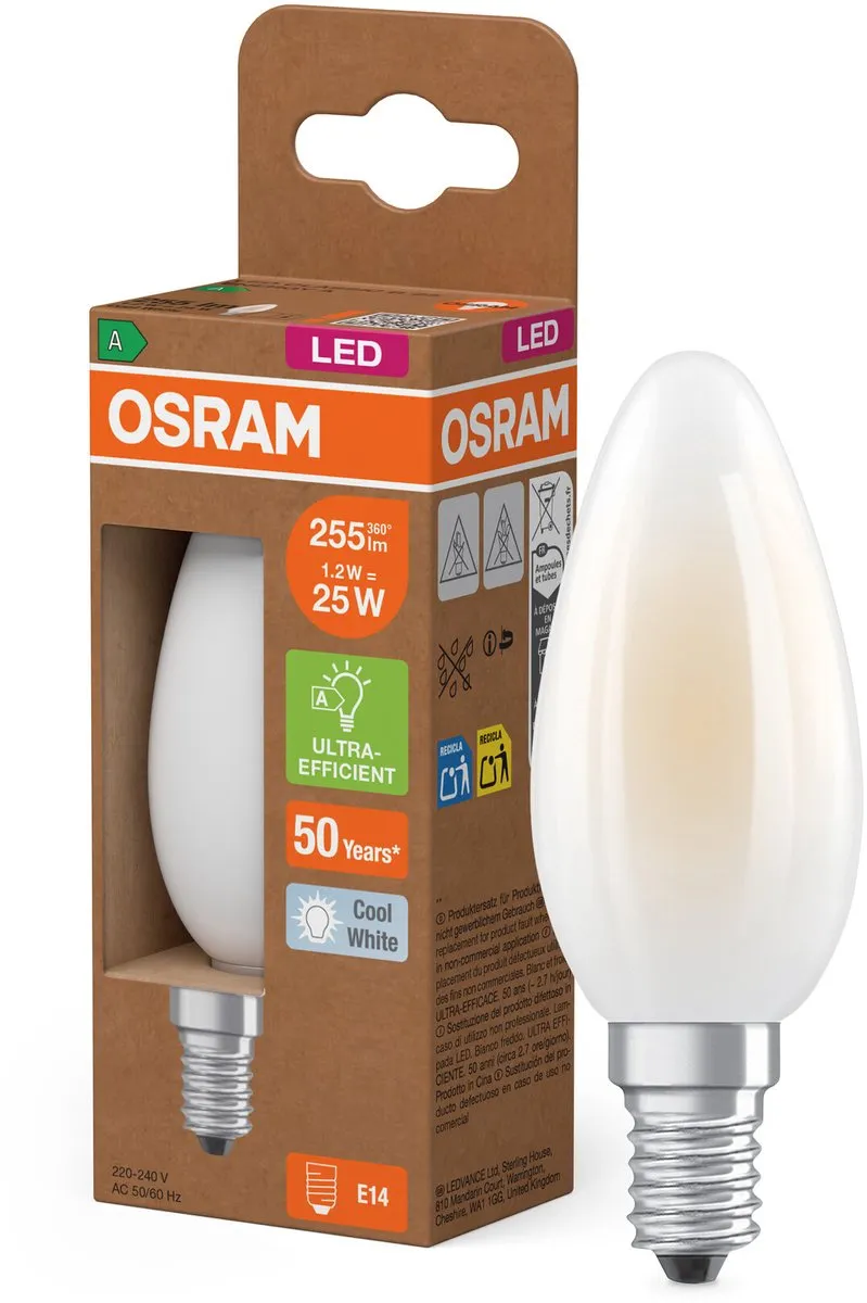 Osram LED Classic E14 Kaars Filament 1.2W 255lm - Koel wit