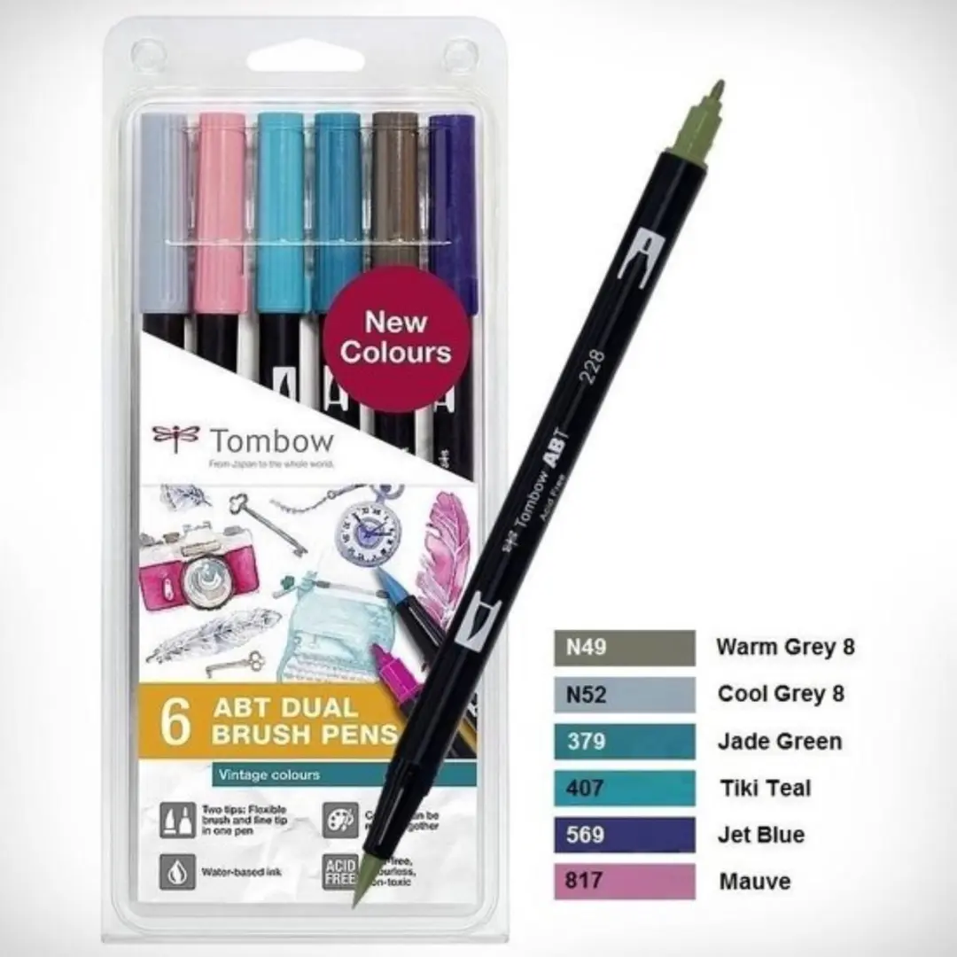 Tombow ABT Dual Brush Tekenpennen - Vintage Kleuren - 6 stuks - afbeelding 2 van 6