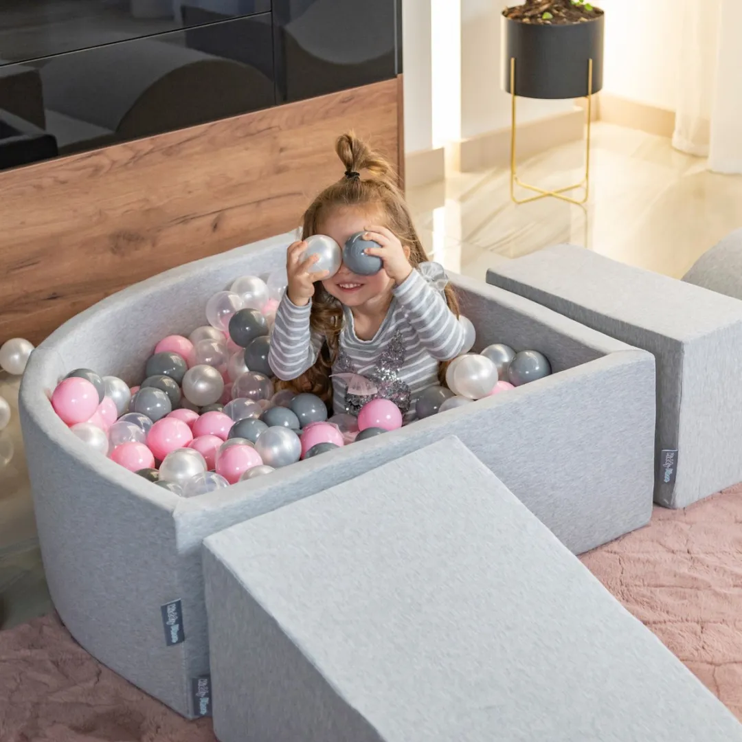 KiddyMoon Ballenbak 90x30cm - 200 Ballen Ø7cm - BPA-vrij - Wit/Grijs/Poederroze