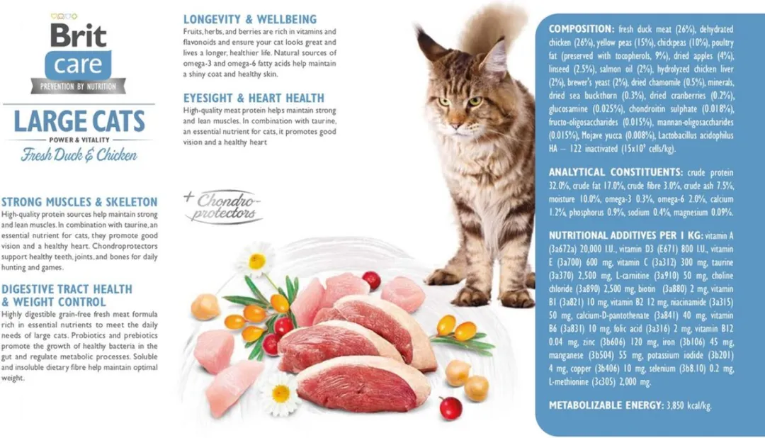 Brit Care Large Cats Power & Vitaliteit Eend & Kip 2kg - afbeelding 6 van 6