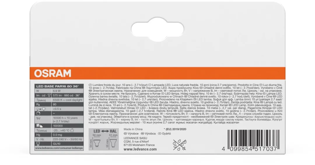 Osram LED Base PAR16 6.9W GU10 - 6500K - 3 Stuks