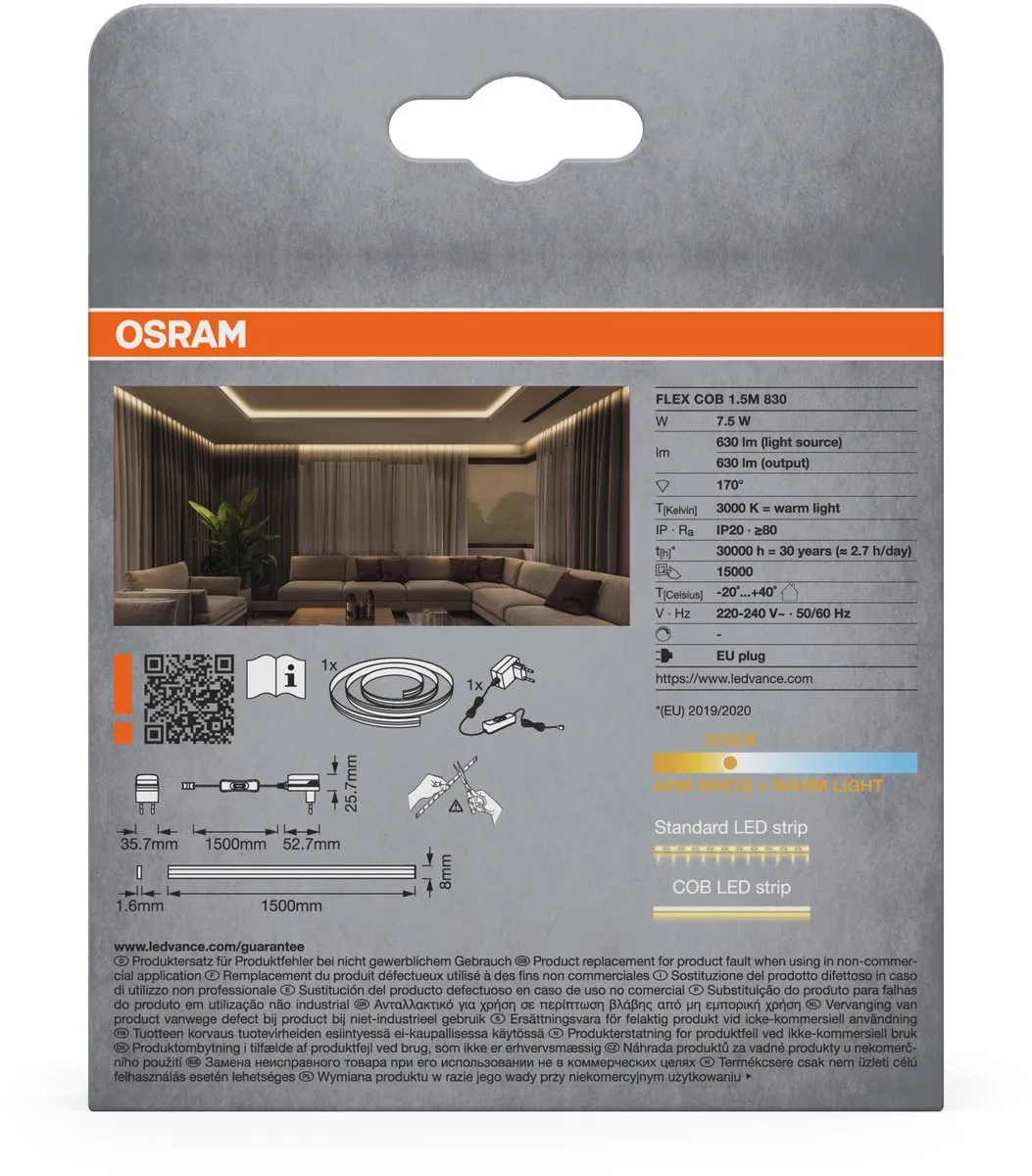 Osram Flex COB 1.5M LED Strip 8W - 600lm - 3000K - Geel
