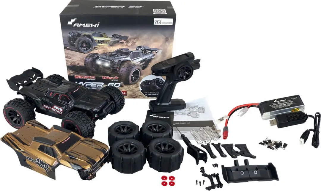 Amewi Hyper GO Truggy 1:14 RTR 4WD Brushless RC Auto - Zwart/Goud - afbeelding 6 van 6