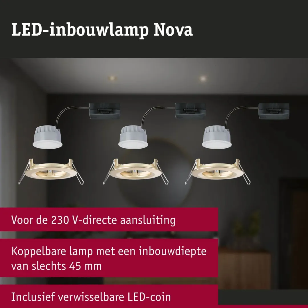 Paulmann LED-inbouwlamp Nova Coin Basisset 3x6W - 3x470lm - 2700K - Goud mat