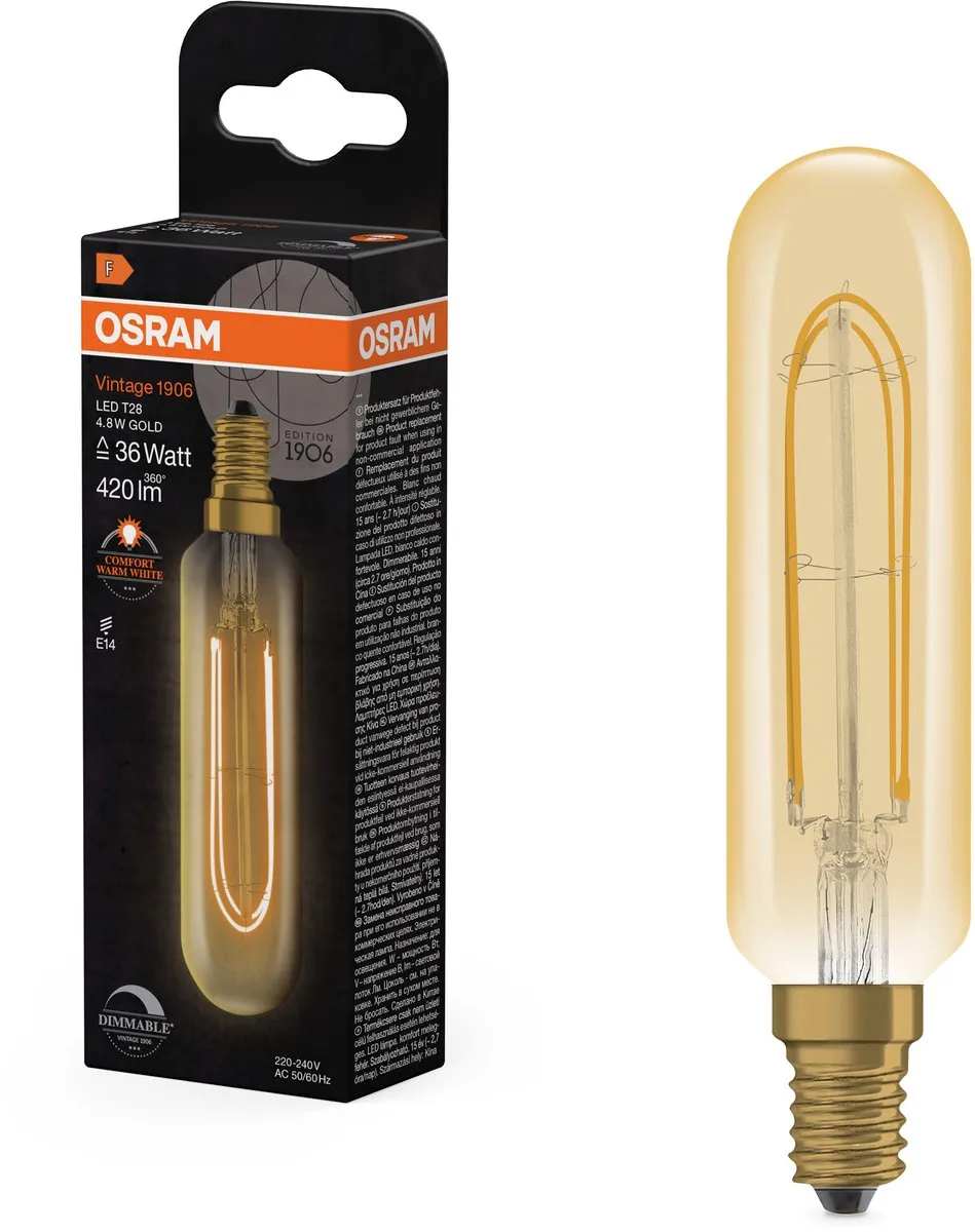 Osram Vintage 1906 LED E14 Tubular Amber 4.8W - 420lm - Zeer Warm Wit
