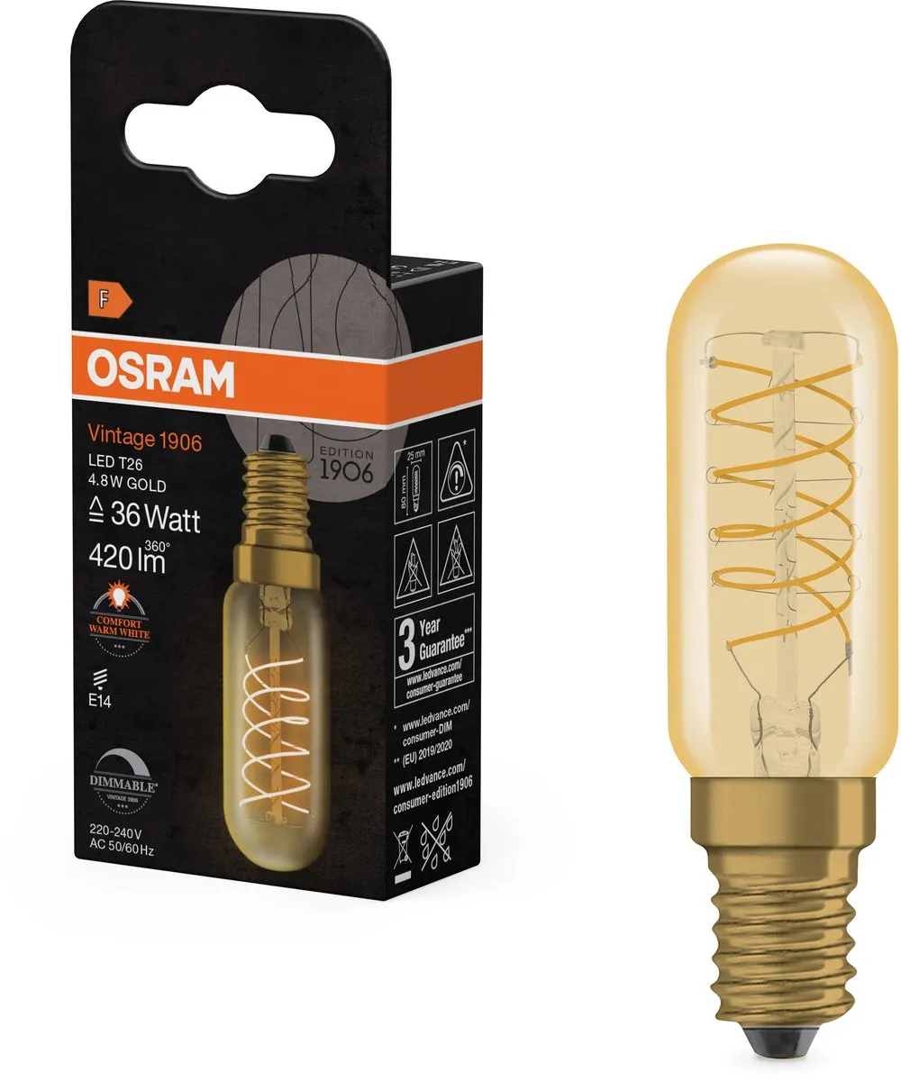 Osram Vintage 1906 LED E14 Tubular Amber 4.8W - 420lm - Zeer Warm Wit - afbeelding 6 van 6