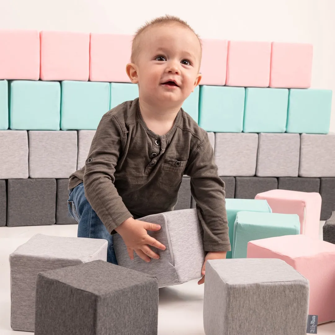 KiddyMoon Zachte Blokken 24 Stuks - Montessori Foam Speelgoed - Lichtgrijs/Donkergrijs/Roze/Munt