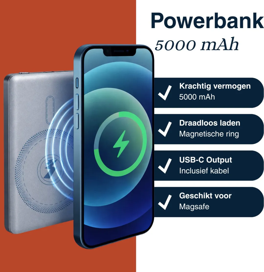 Grundig Draadloze Powerbank 5000Mah - Power Bank 15W geschikt voor Magsafe Draadloos Opladen - met USB C Aanlsuting Voor 2 Apparaten Opladen - 10,4 x 6,7 x 0,85 cm