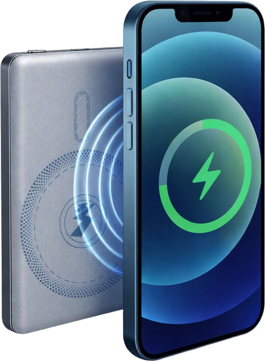 Grundig Draadloze Powerbank 5000Mah - Power Bank 15W geschikt voor Magsafe Draadloos Opladen - met USB C Aanlsuting Voor 2 Apparaten Opladen - 10,4 x 6,7 x 0,85 cm