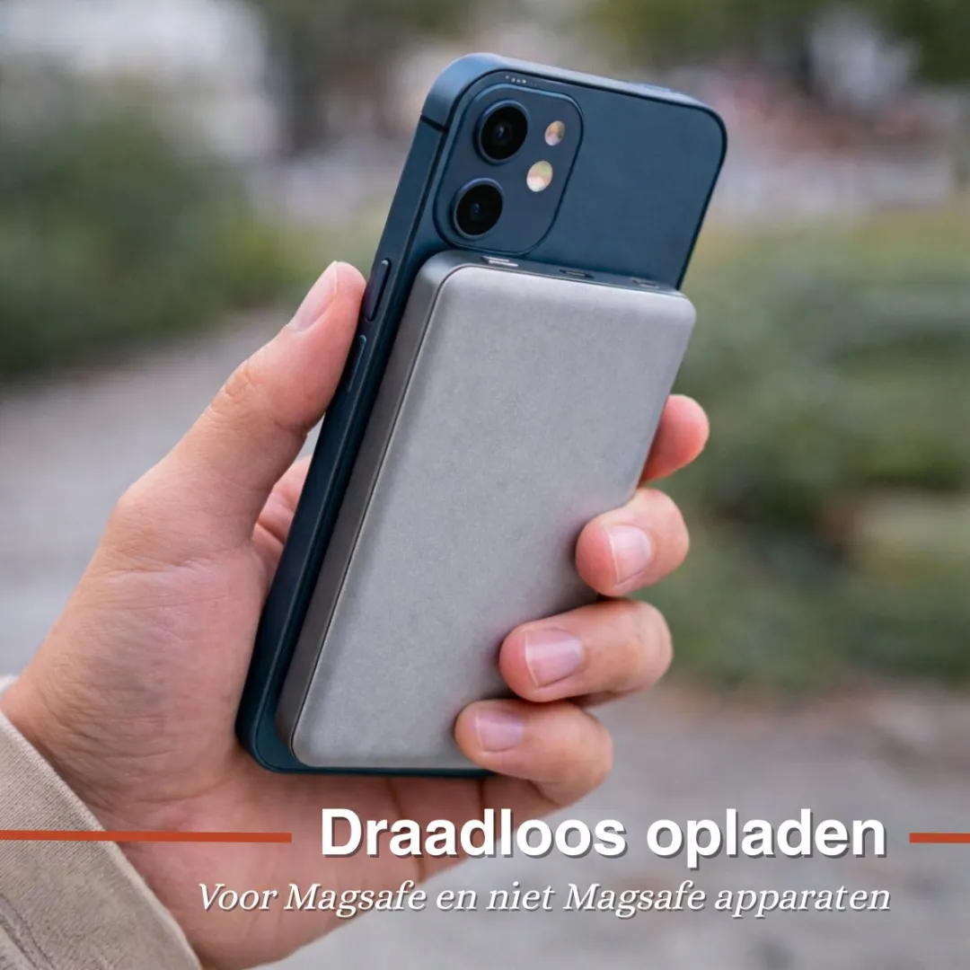 Grundig Draadloze Powerbank 5000Mah - Power Bank 15W geschikt voor Magsafe Draadloos Opladen - met USB C Aanlsuting Voor 2 Apparaten Opladen - 10,4 x 6,7 x 0,85 cm