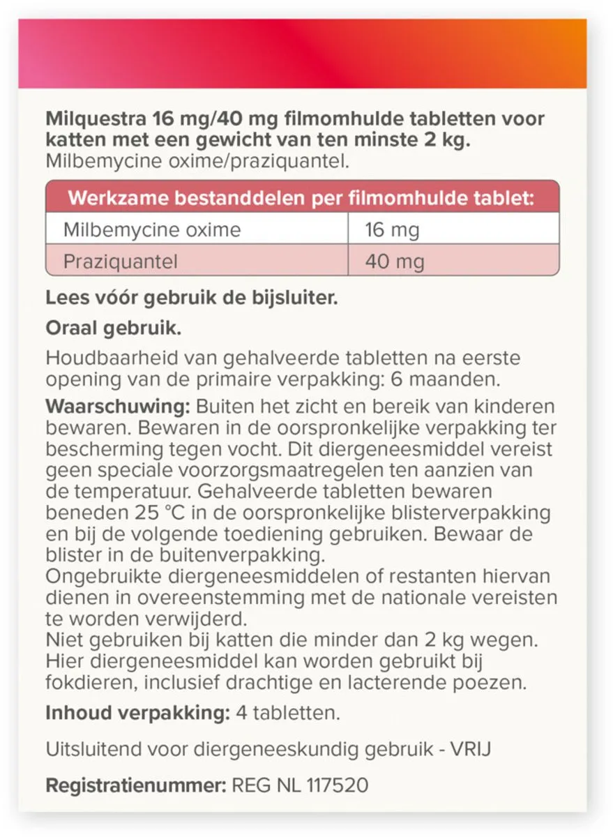 Beaphar Milquestra Kat Rund Anti-wormen 4 tabletten - 2 tot 12 kg