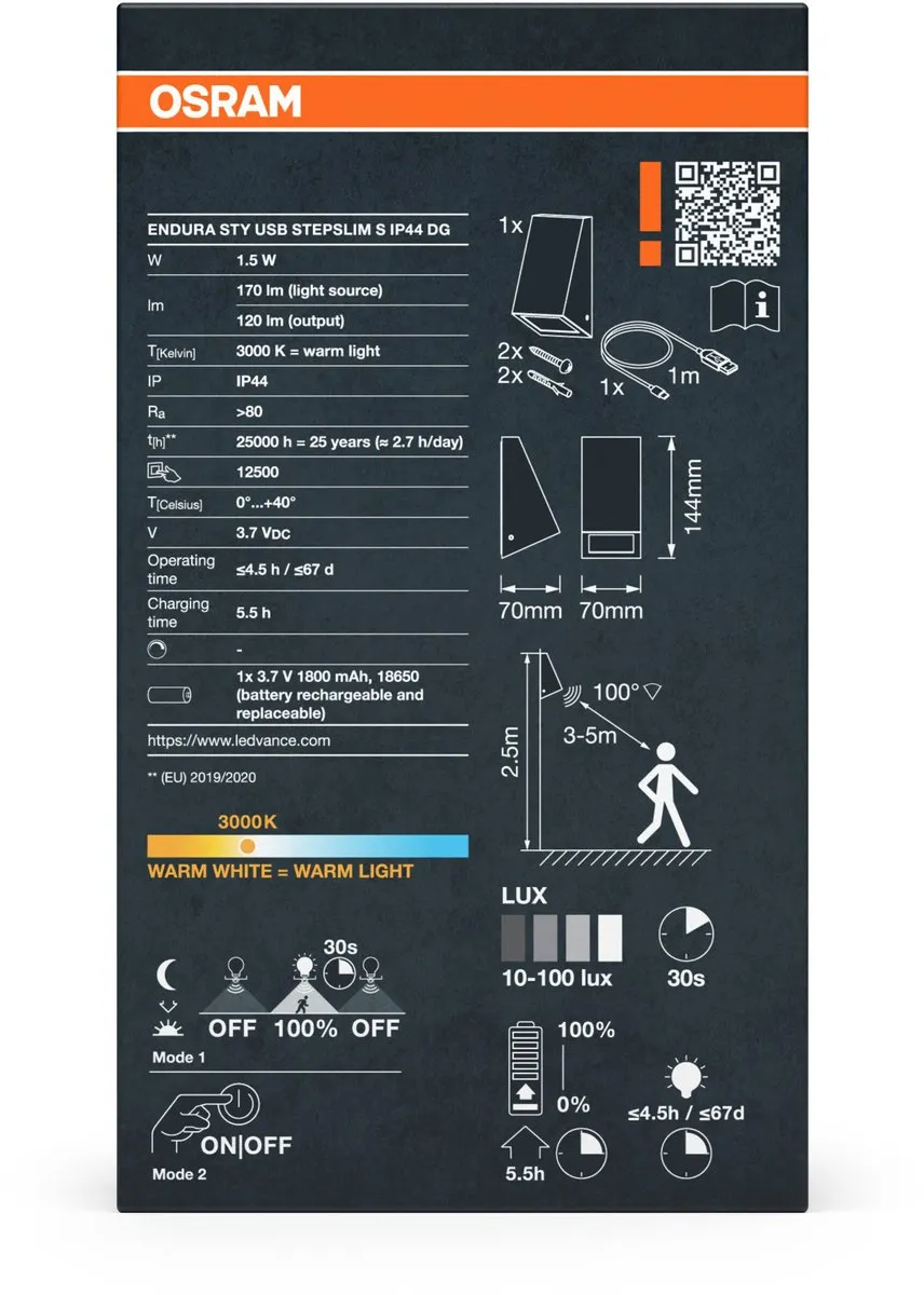Osram Endura Style USB Wall Step Slim Sensor IP44 - Warm wit 3000K - Donkergrijs