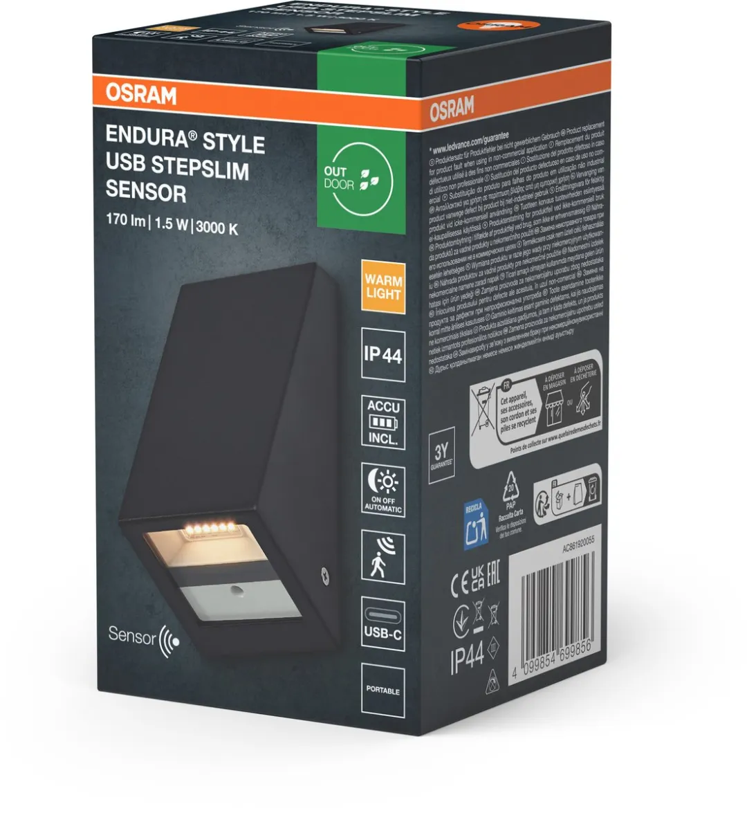 Osram Endura Style USB Wall Step Slim Sensor IP44 - Warm wit 3000K - Donkergrijs - afbeelding 6 van 6