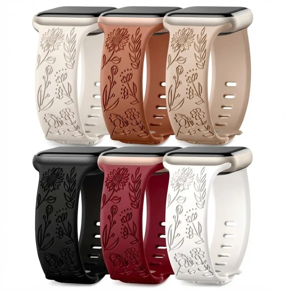 NUVEX Apple Watch Bandjes Set - 6 Stuks - 24/44/45/49mm - Bloemen Gravure