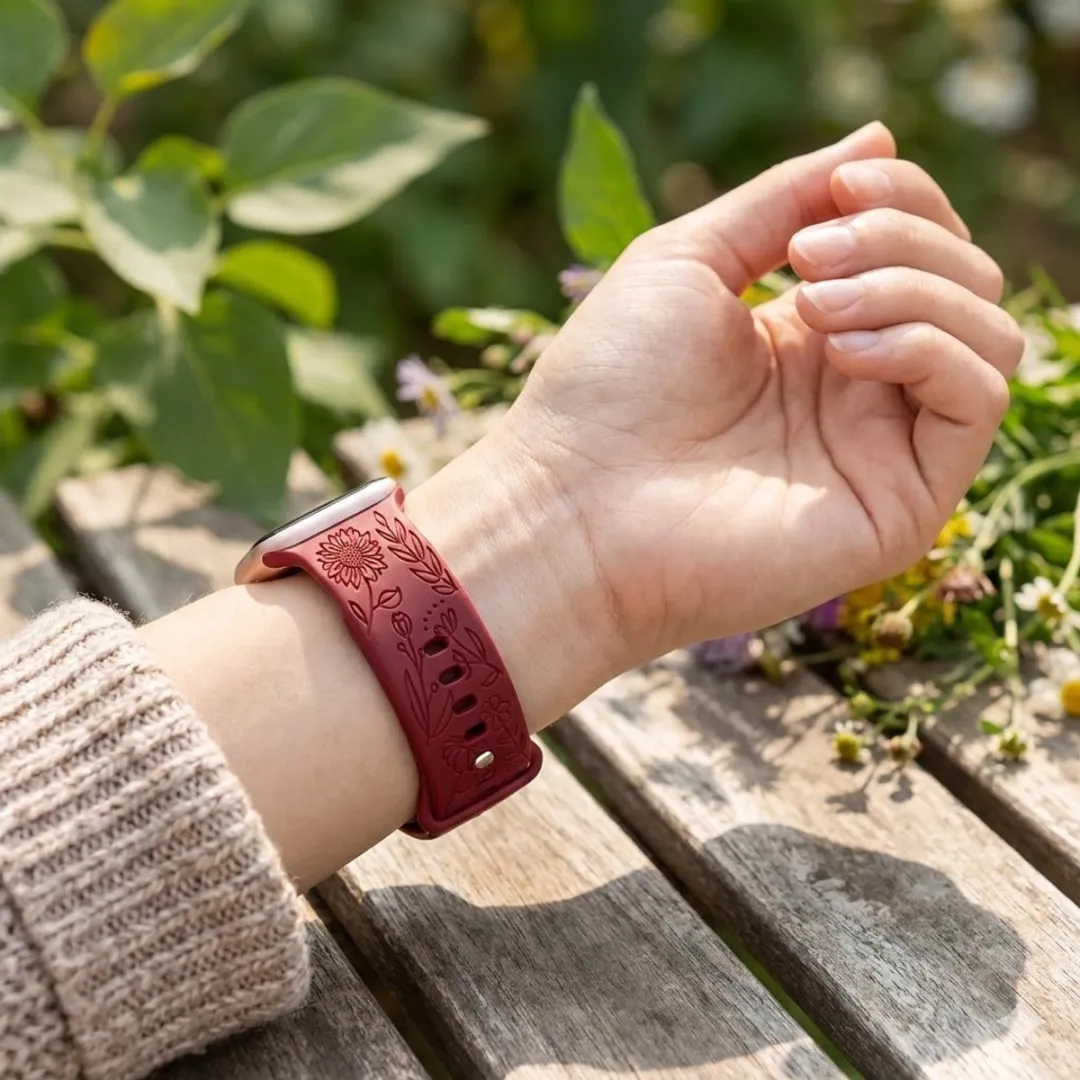 NUVEX Apple Watch Bandjes Set - 6 Stuks - 24/44/45/49mm - Bloemen Gravure