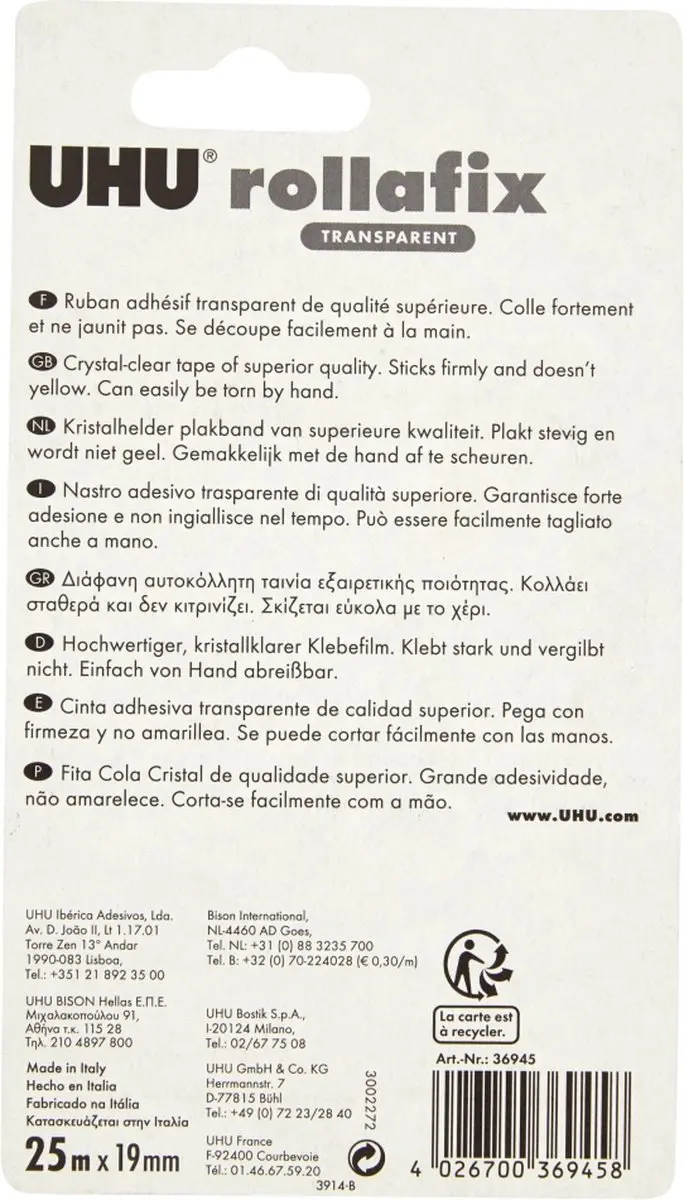 UHU Rollafix Refill 36945 Plakband 19mm - 25m - Transparant - afbeelding 5 van 6