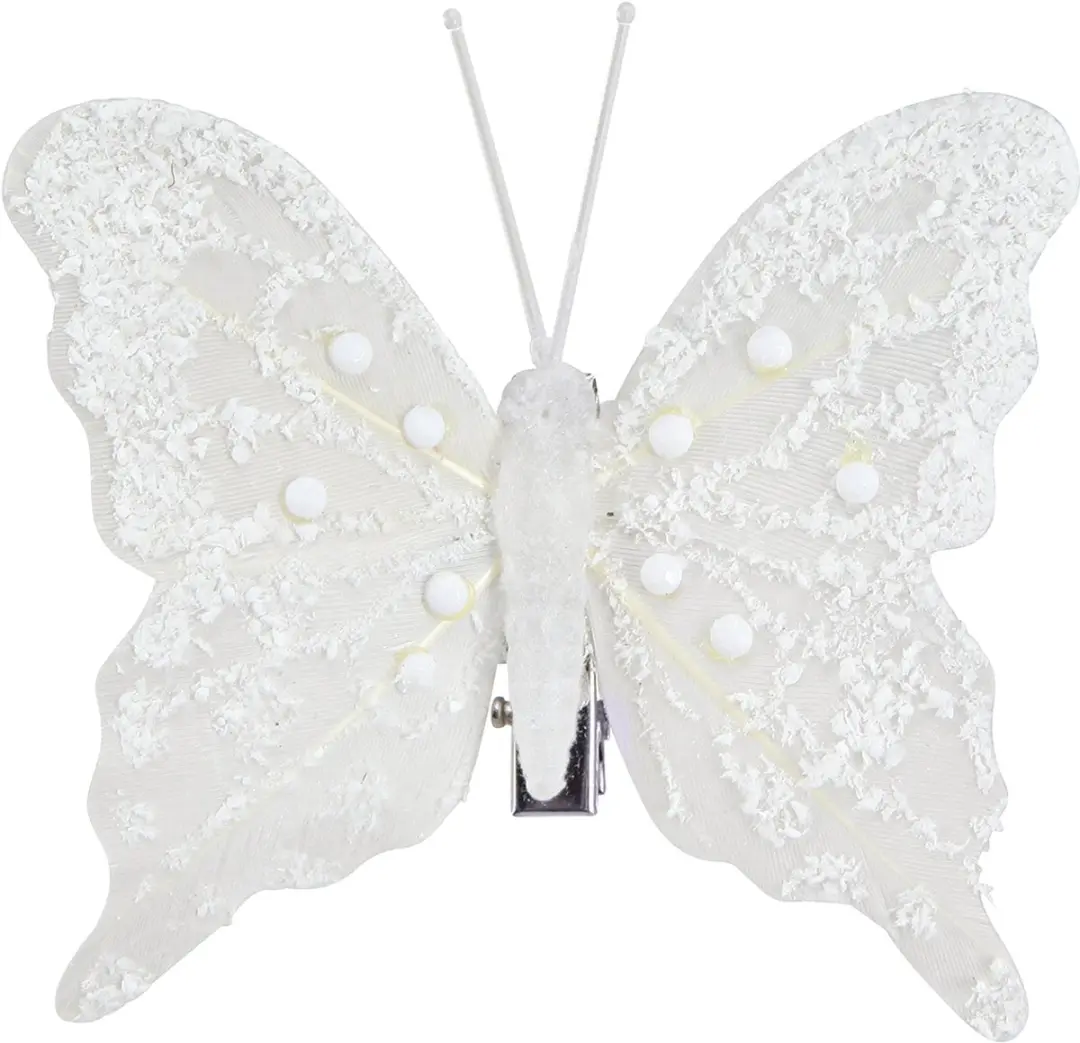 Vlinderdecoratie in wit op clip 7,5cmx7cm 4 stuks