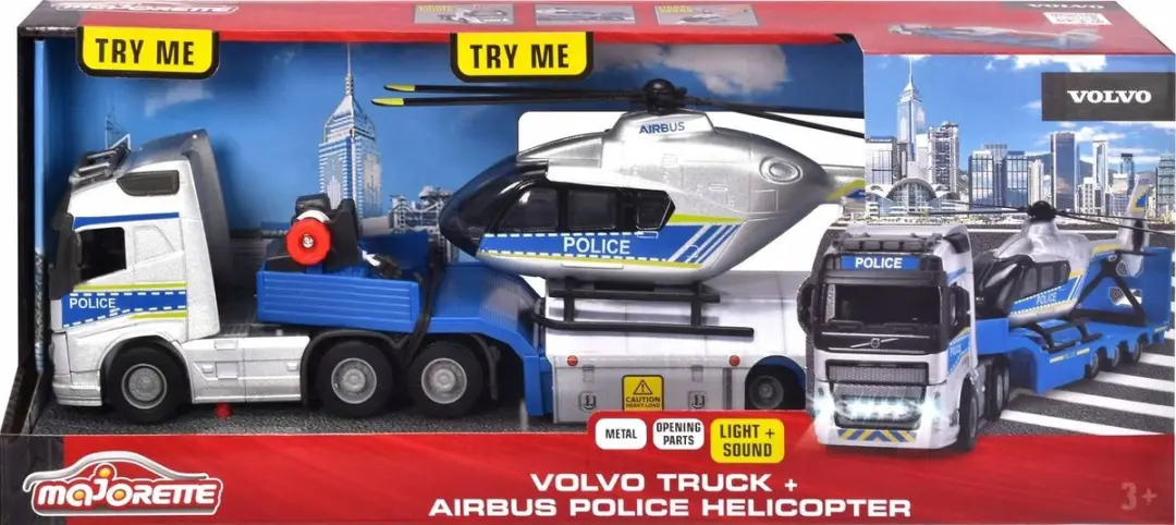 Majorette Volvo Vrachtwagen met Helikopter, 35 cm, Licht & Geluid