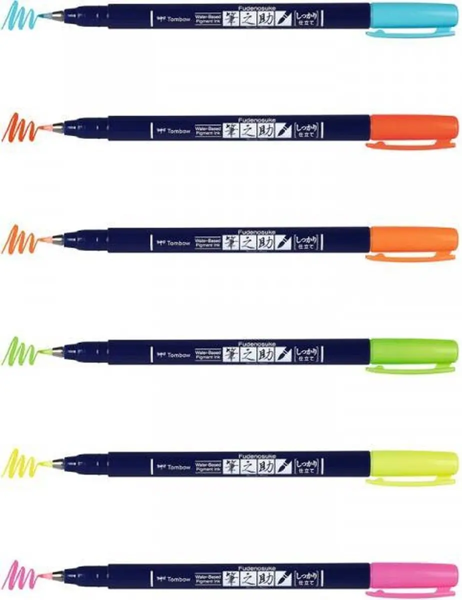 Tombow Fudenosuke Brush Pen Hard Neon - Set van 6 - afbeelding 2 van 6