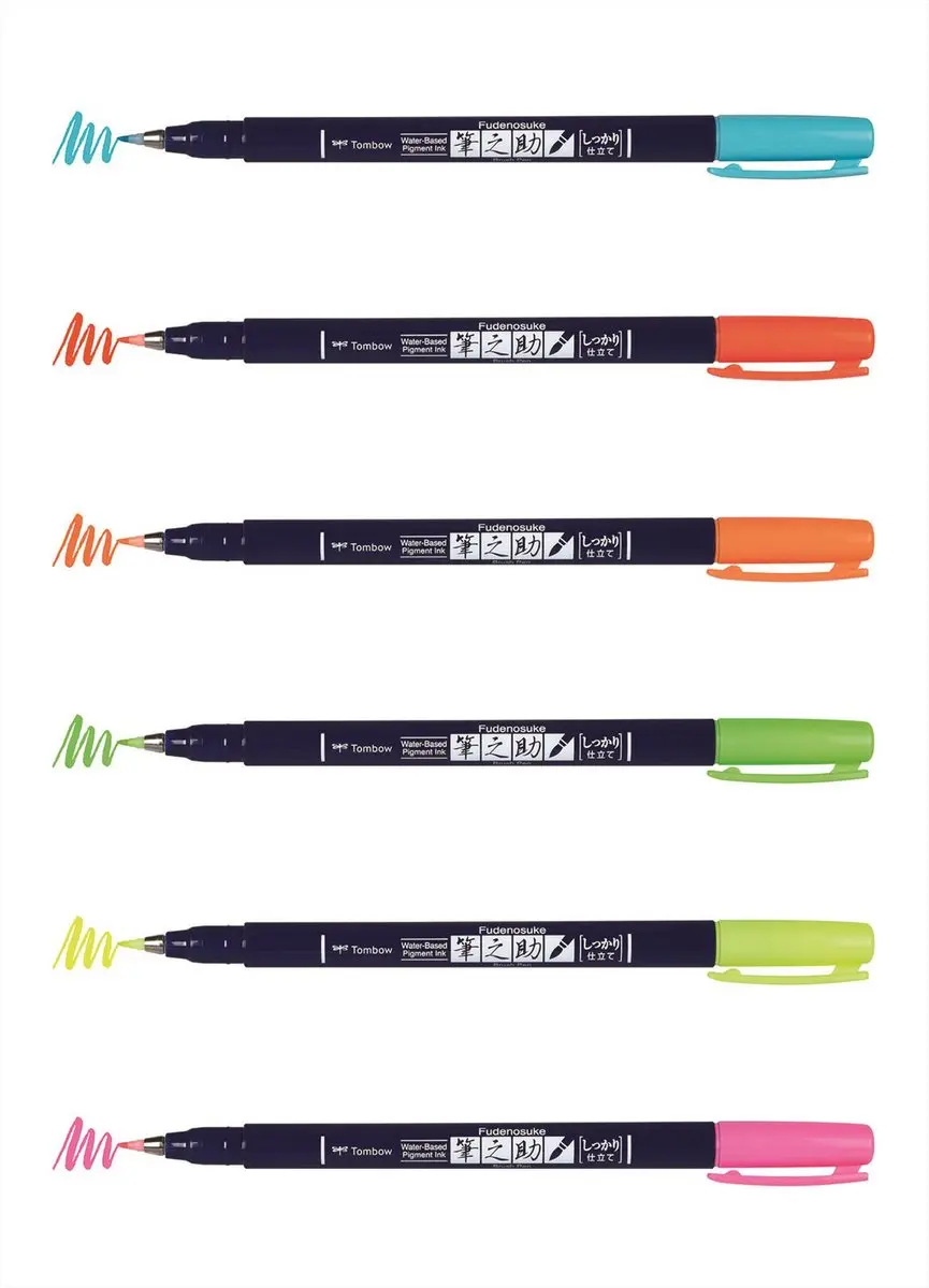 Tombow Fudenosuke Brush Pen Hard Neon - Set van 6 - afbeelding 5 van 6