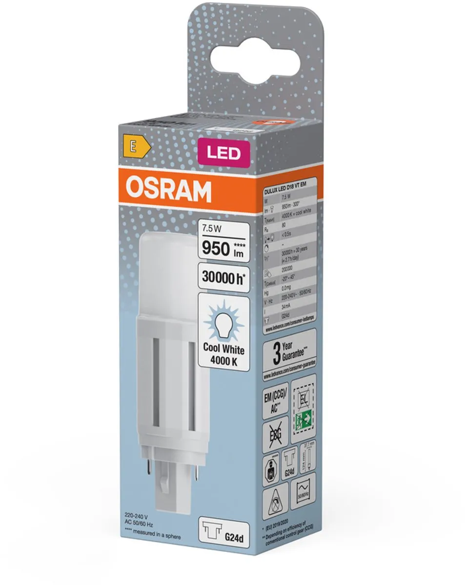 Osram LED-lamp G24d 7.5W 4000K Koelwit - Helder glas