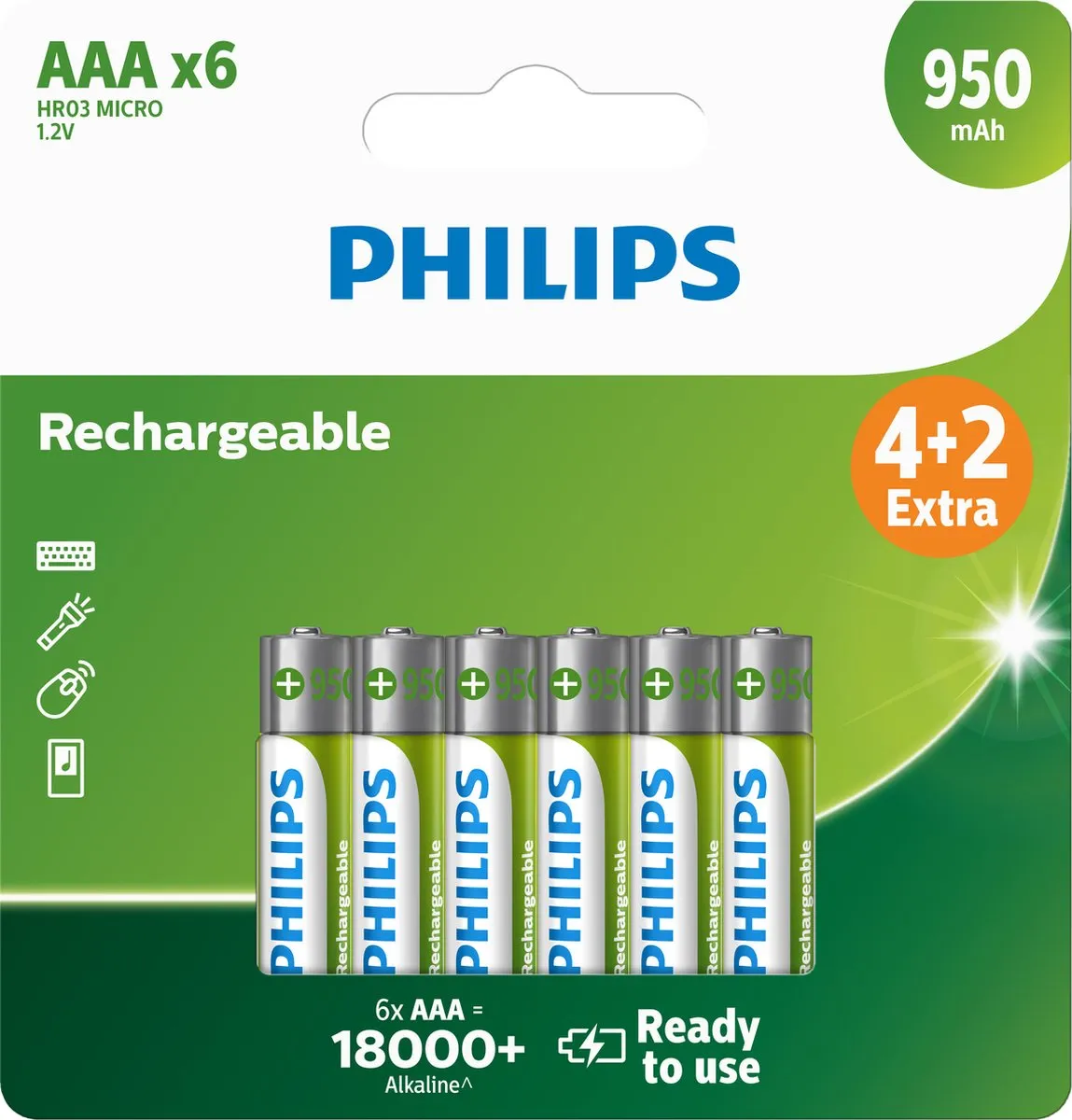 Philips AAA Oplaadbare Batterij 950mAh