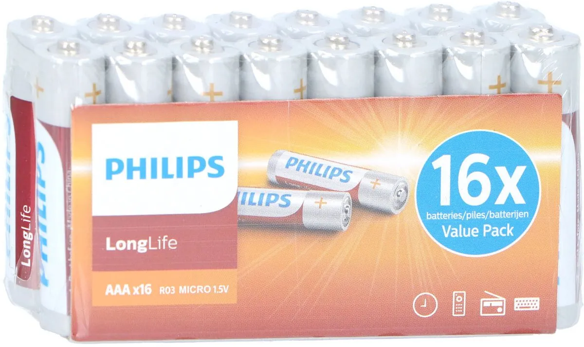 Philips LongLife AAA Batterijen - 16 Stuks