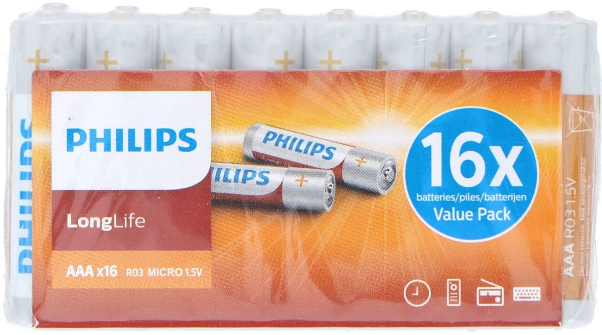 Philips LongLife AAA Batterijen - 16 Stuks