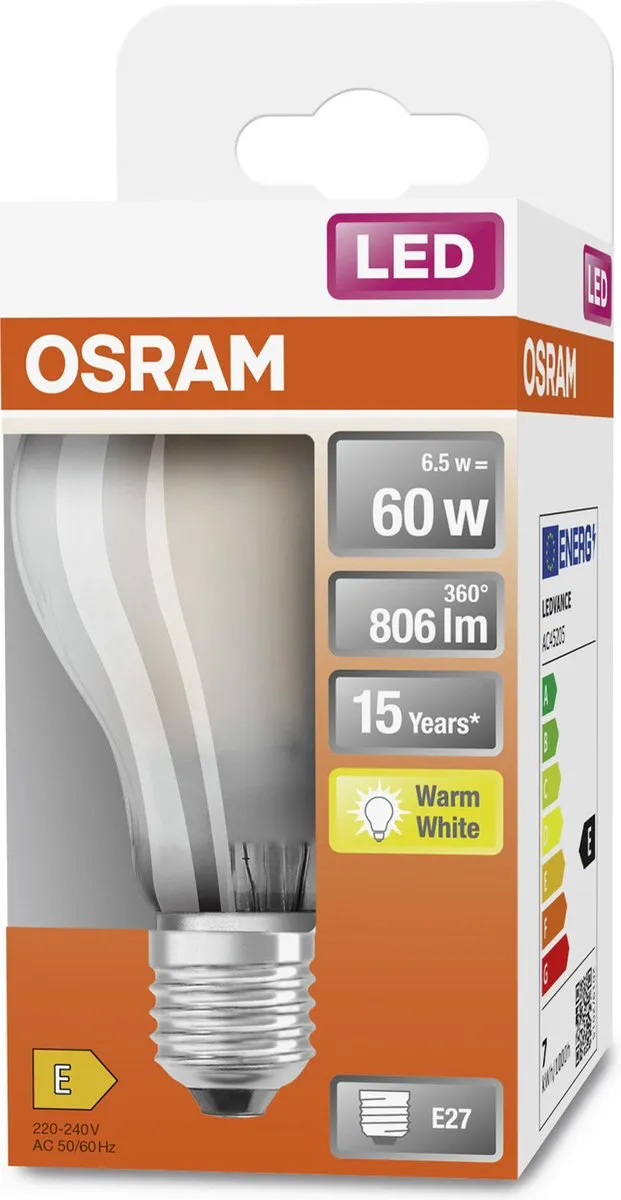 OSRAM LED lamp - Classic A 60 - E27 - filament - mat - 7W - 806 Lumen - warm wit - niet dimbaar