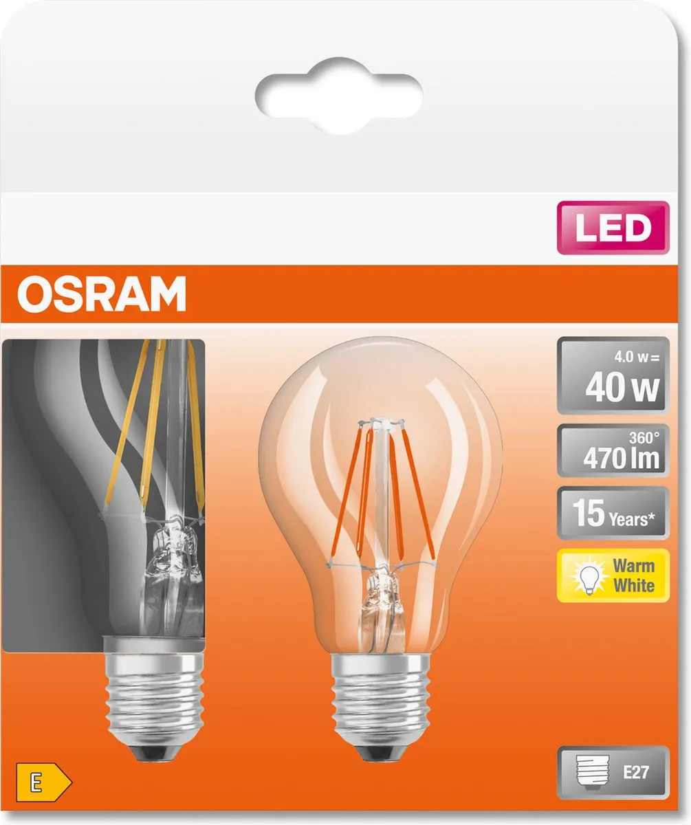 Osram LED Classic A 40 E27 4W - 470 Lumen Warm Wit - 2 Stuks