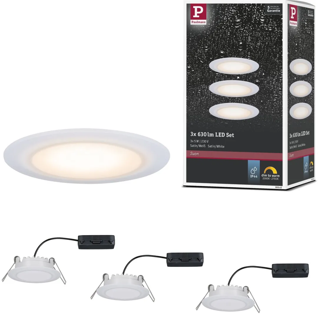 Paulmann Suon Basisset LED-inbouwlamp 3x5W 450lm IP44 - 90mm - Dim to Warm - Wit
