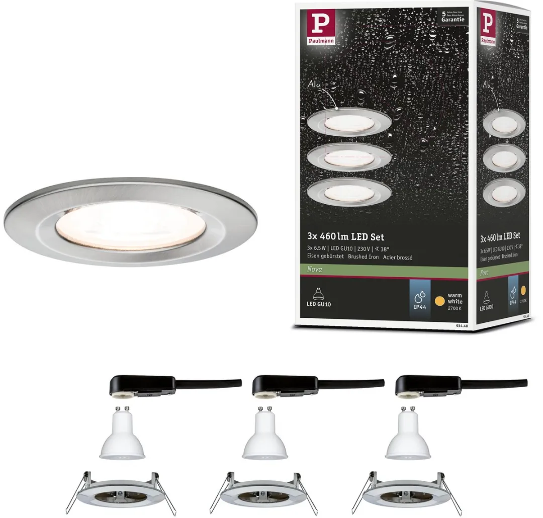Paulmann Nova Basisset LED-inbouwlamp 3x6,5W 460lm 2700K - Staal geborsteld