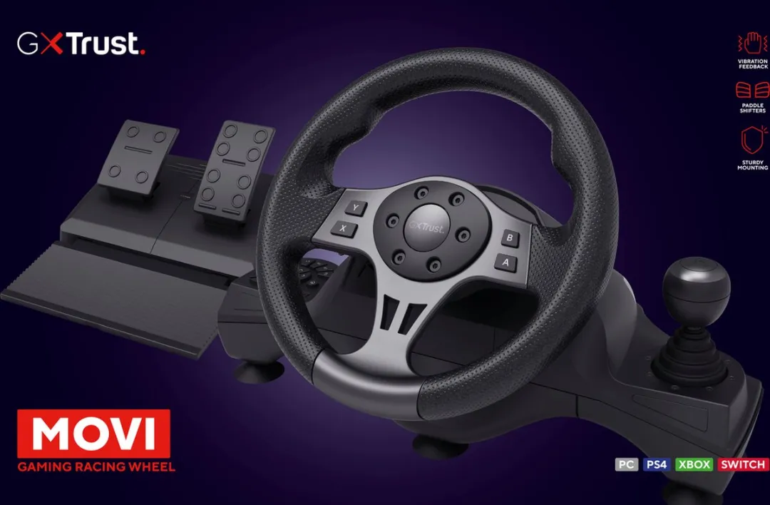 Trust GXT 289 Movi racestuur met trillingsfeedback en pedalen - Voor Xbox Series X/S, Switch en PS4 - Zwart