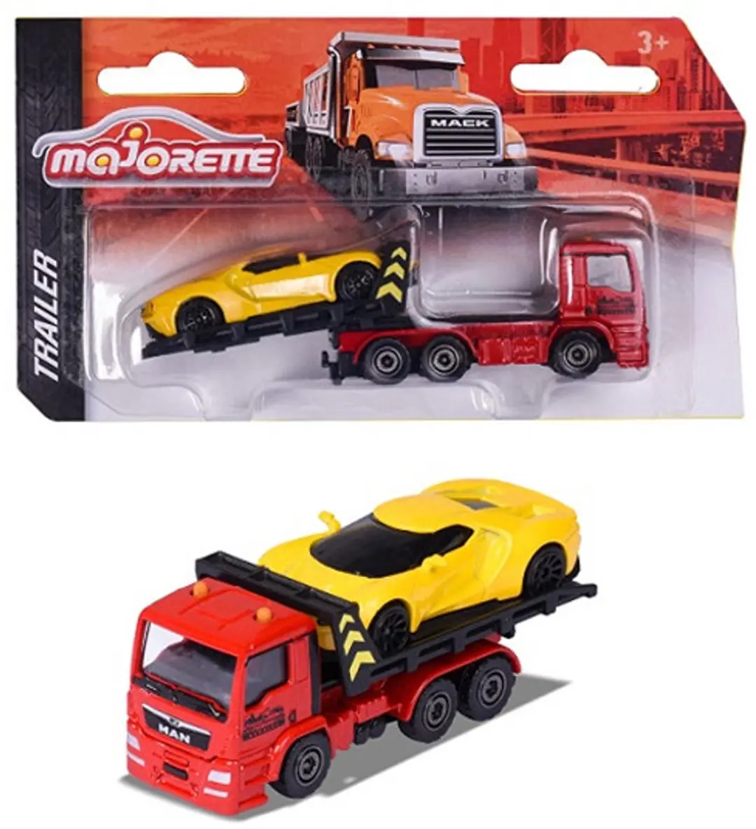 MAJORETTE TRAILER TRUCK SET MAN TGS BLACK RED AND FORD GTS YELLOW METAL VINTAGE