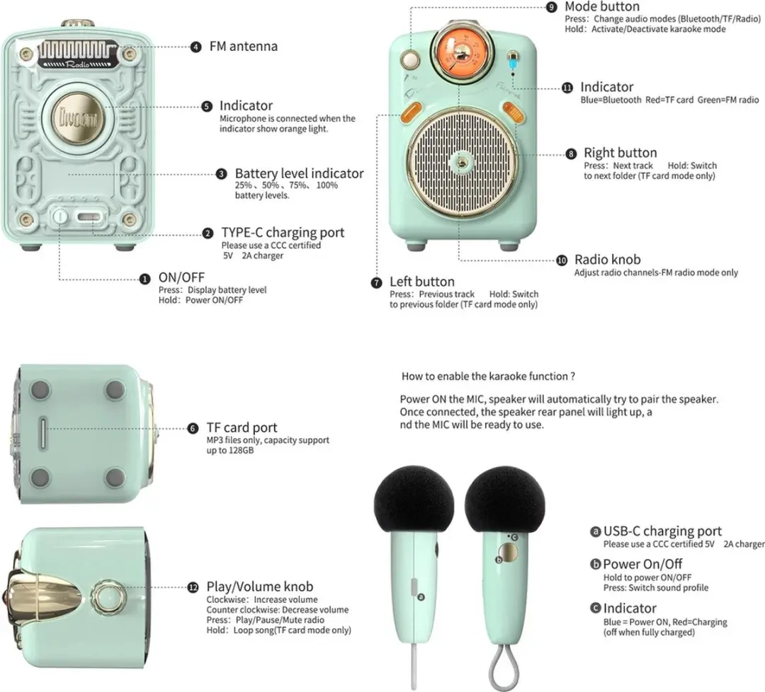Divoom Fairy-OK Retro Karaoke Speaker - Mint Groen - afbeelding 3 van 6