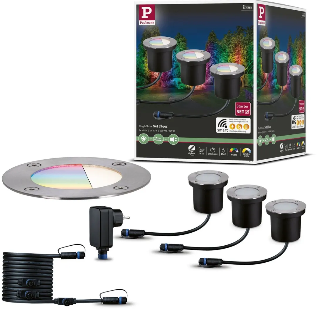 Paulmann Plug & Shine LED Grondinbouwlamp RGBW Zigbee 3.0 Basisset 3x3,7W - Zilver