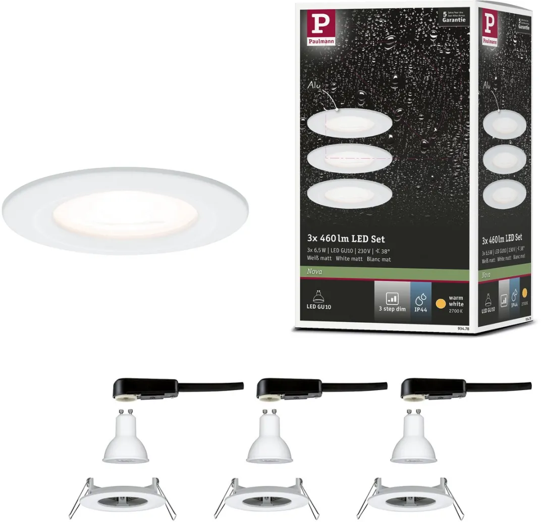 Paulmann Nova Basisset LED-inbouwlamp 3x6,5W 460lm 2700K IP44