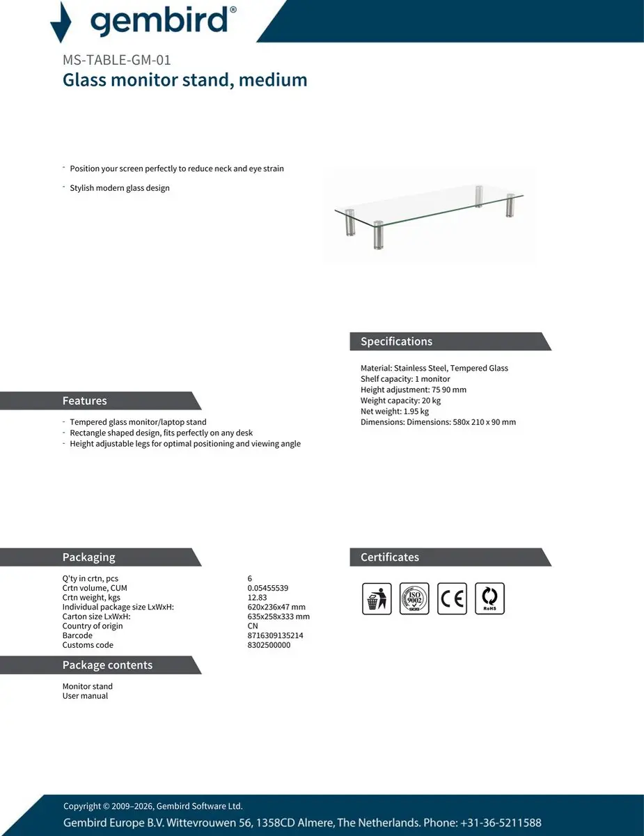 Gembird Glazen Monitorstandaard MS-TABLE-GM-01 - afbeelding 5 van 6