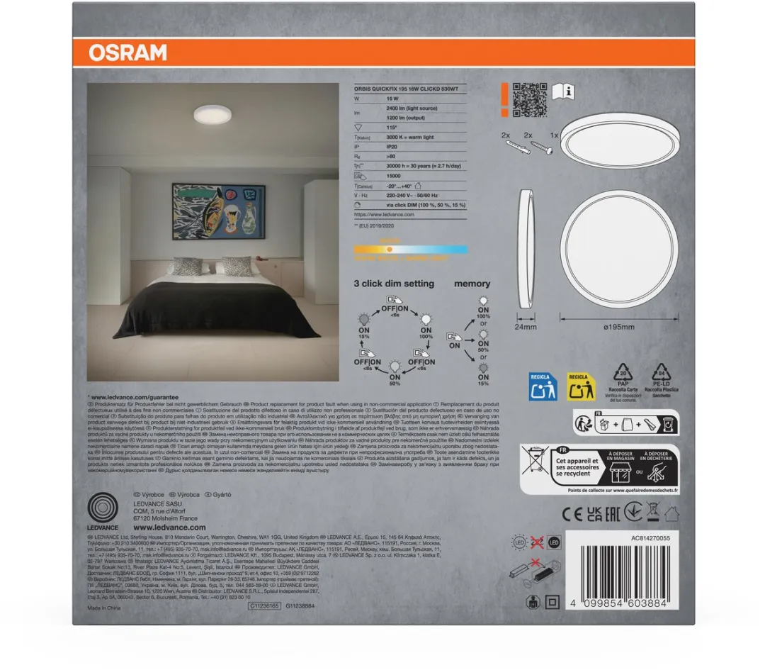 Osram Orbis Quickfix LED Plafondlamp 16W 1200lm - 3000K Warm Wit