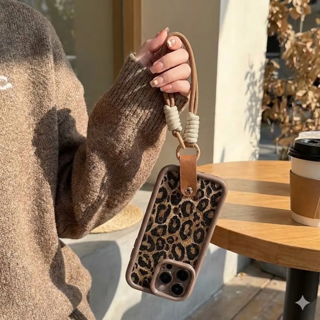 NUVEX iPhone 17 Pro Max Hoesje - Bruin Luipaard Print - Draagkoord
