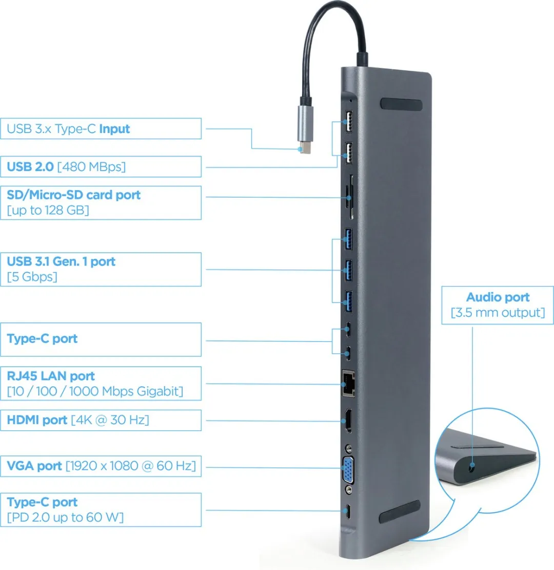 Gembird A-CM-COMBO9-01 USB Hub & Poortreplicator - Donkergrijs-Zwart - afbeelding 6 van 6
