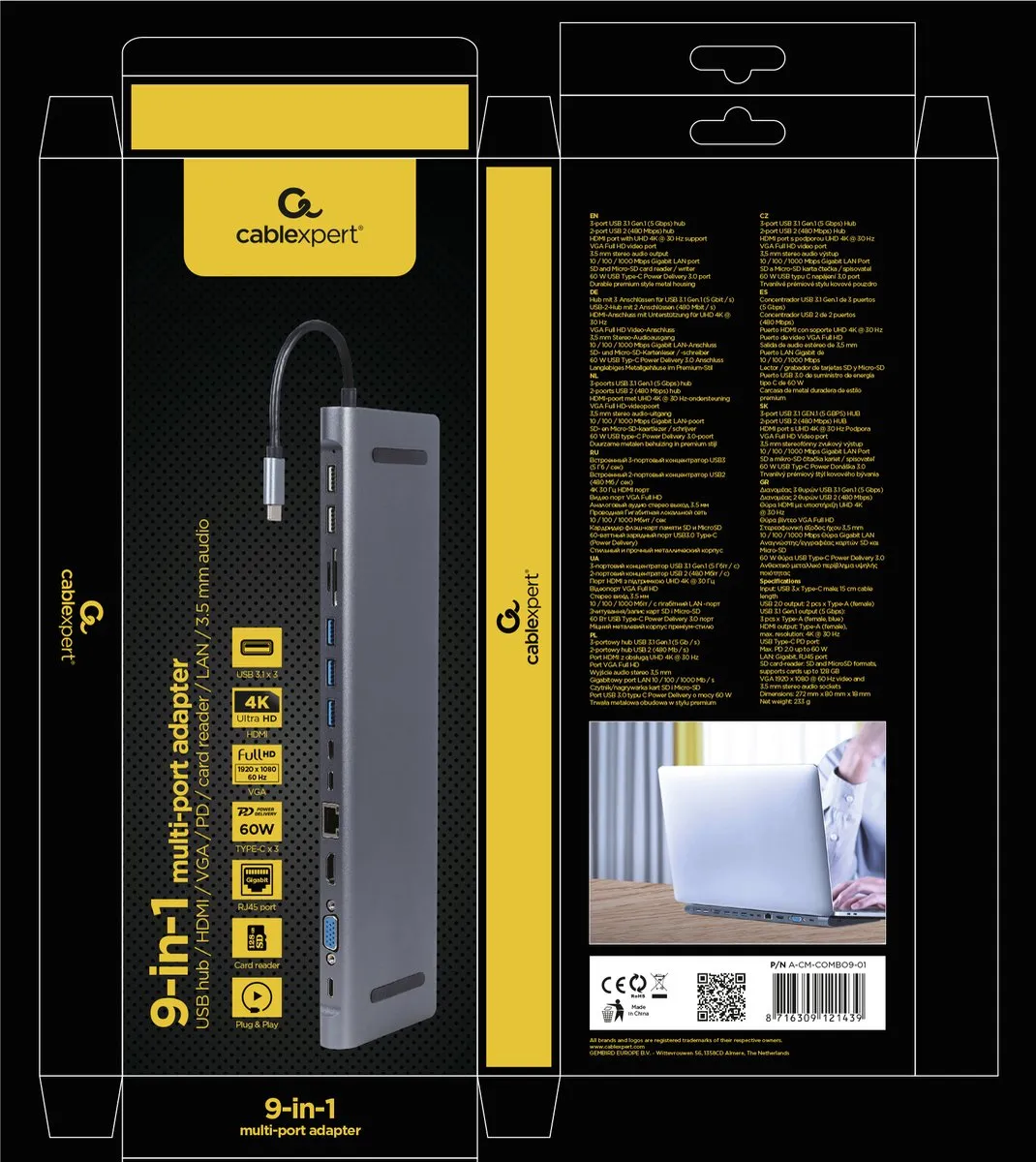 Gembird A-CM-COMBO9-01 USB Hub & Poortreplicator - Donkergrijs-Zwart