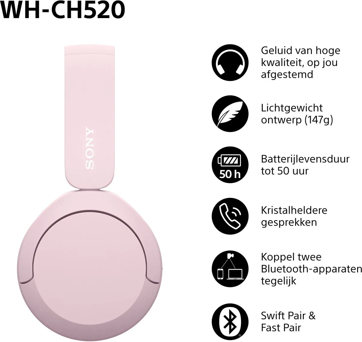 Sony WH-CH520 Draadloze On-Ear Koptelefoon - Roze