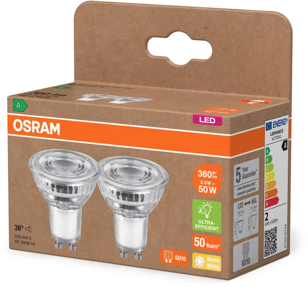 Osram PAR16 LED Reflectorlamp 2W 360lm GU10 - Warm wit - 2 Stuks