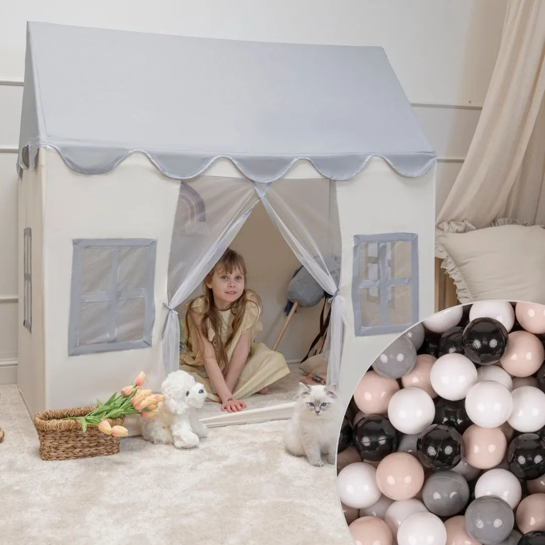 KiddyMoon Kindertent Speelhuisje 200 Ballen - Wit/Grijs/Beige