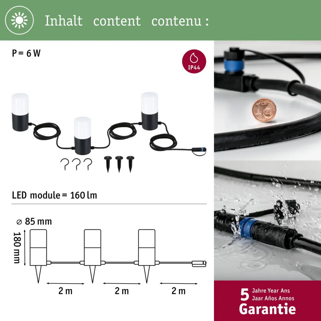 Paulmann Plug & Shine LED-lichtketting Tubs IP44 - 3x2W - Antraciet