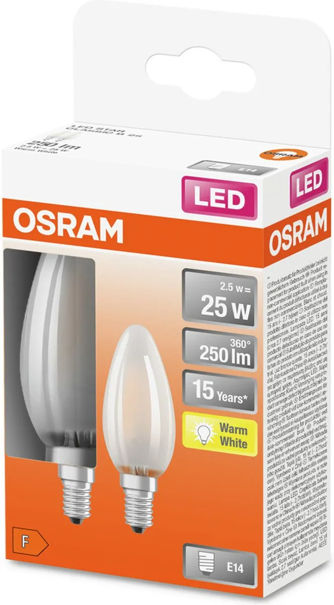 Osram LED Lamp Flame E14 2.5W Warm Wit - 2 Stuks - afbeelding 3 van 4