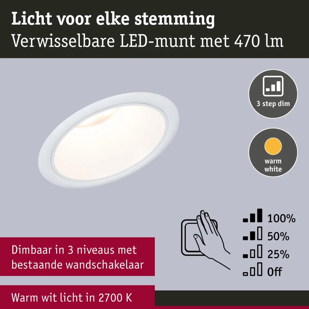 Paulmann LED-inbouwlamp 3-Step-Dim Coin 6W 470lm 2700K - IP44