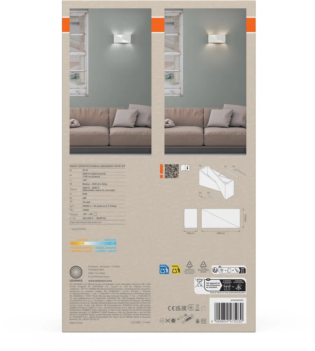 Osram SMART+ Matter Wall Swan LED Wandlamp 23W - Wit 300x150mm - afbeelding 6 van 6