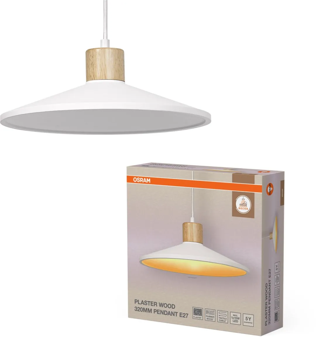 Osram Decor Plaster Wood Hanglamp 320mm - Wit|Houtdecor